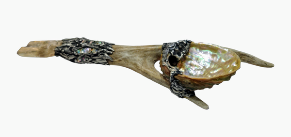 Abalone Shell, silver, deer antler, and Clear Quartz  - Smudge Bowl
