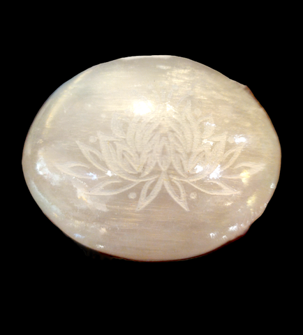 Selenite Palm Stone engraved Lotus