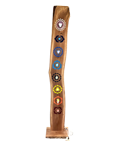 Walnut slab 6 ft with painted chakra symbols and natural crystals