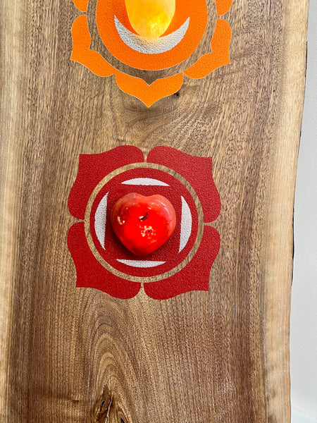 Walnut slab 6 ft with painted chakra symbols and natural crystals